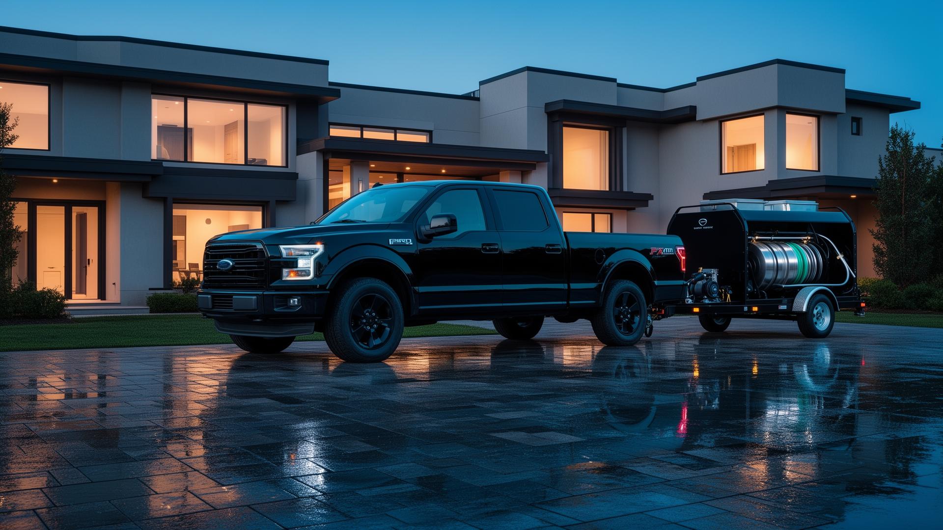 Full Blast Exterior black professional pressure washing truck and trailer parked on a freshly cleaned, glistening paver driveway at a modern New Jersey home.
